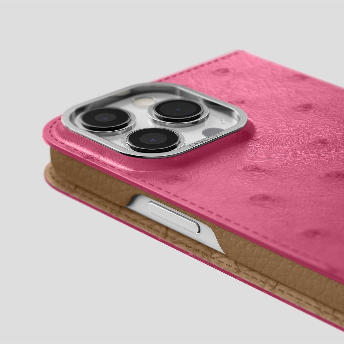 Petal Pink iPhone 15 Pro Max Folio Case Ostrich with Steel Metal -5 | Petal-Pink-Steel