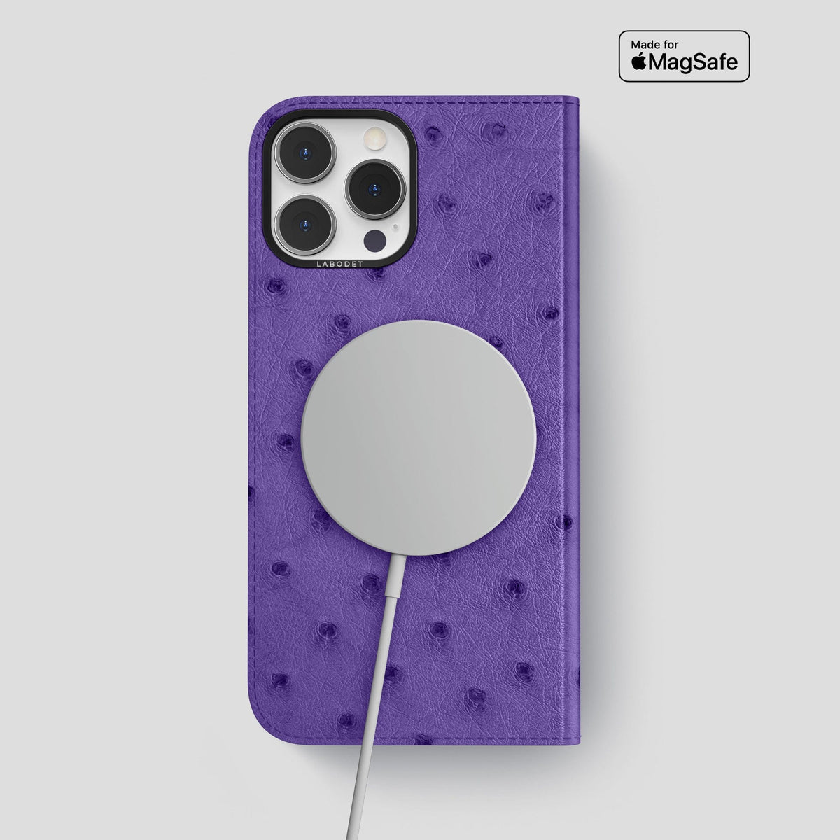 Purple iPhone 15 Pro Max Folio Case Ostrich with Black Metal -3 | Purple-Black
