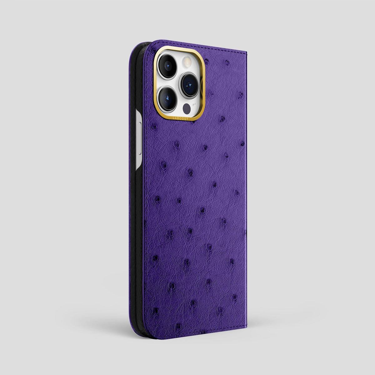 Purple iPhone 15 Pro Max Folio Case Ostrich with Gold Metal -1 | Purple-Gold