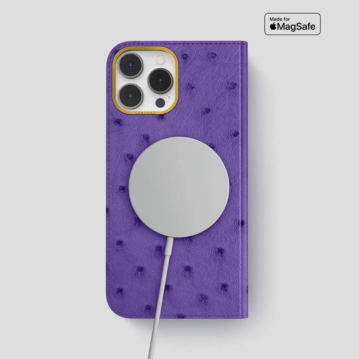 Purple iPhone 15 Pro Max Folio Case Ostrich with Gold Metal -3 | Purple-Gold