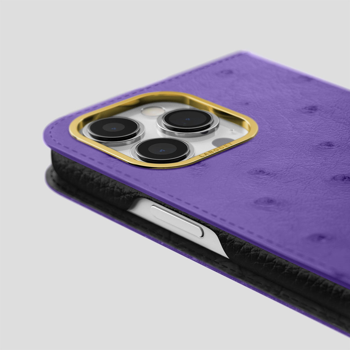 Purple iPhone 15 Pro Max Folio Case Ostrich with Gold Metal -5 | Purple-Gold