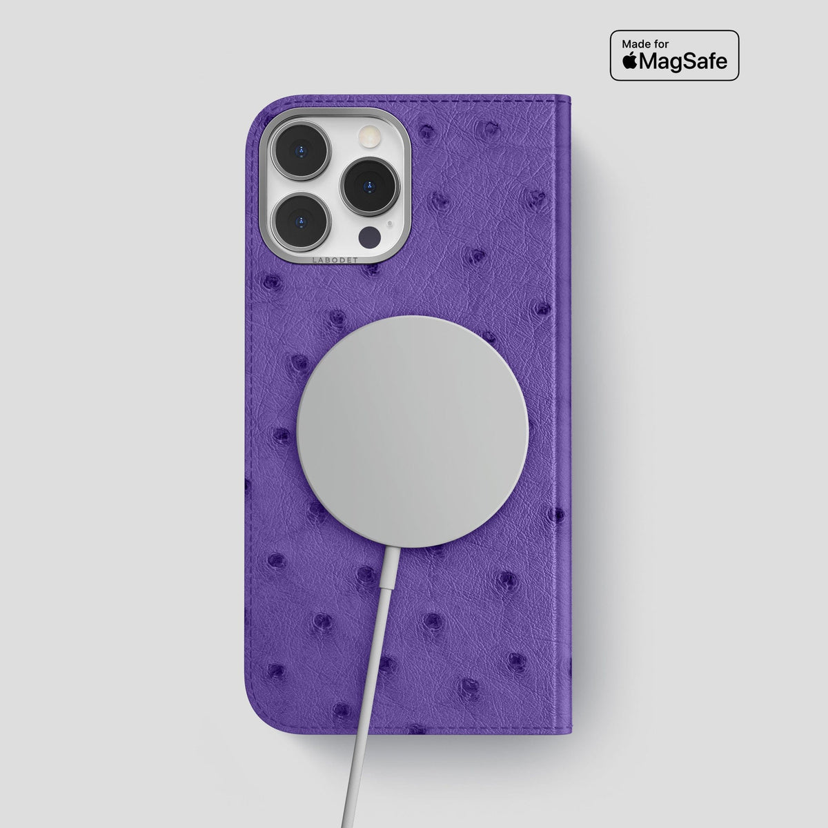 Purple iPhone 14 Pro Max Folio Case Ostrich with Steel Metal -3 | Purple-Steel