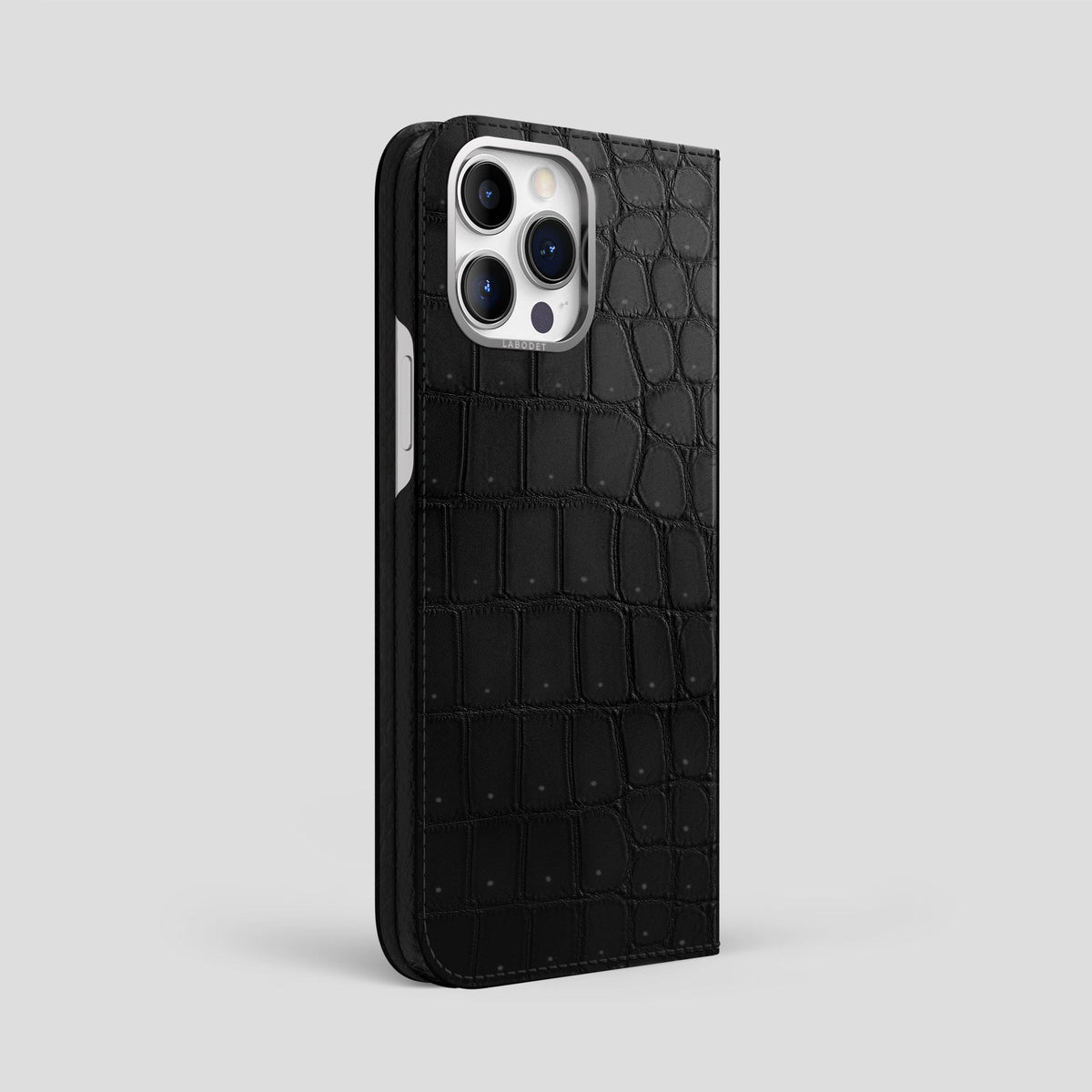 Black iPhone 15 Pro Folio Magsafe Case Porosus Crocodile with Steel Metal -1 | Black-Steel