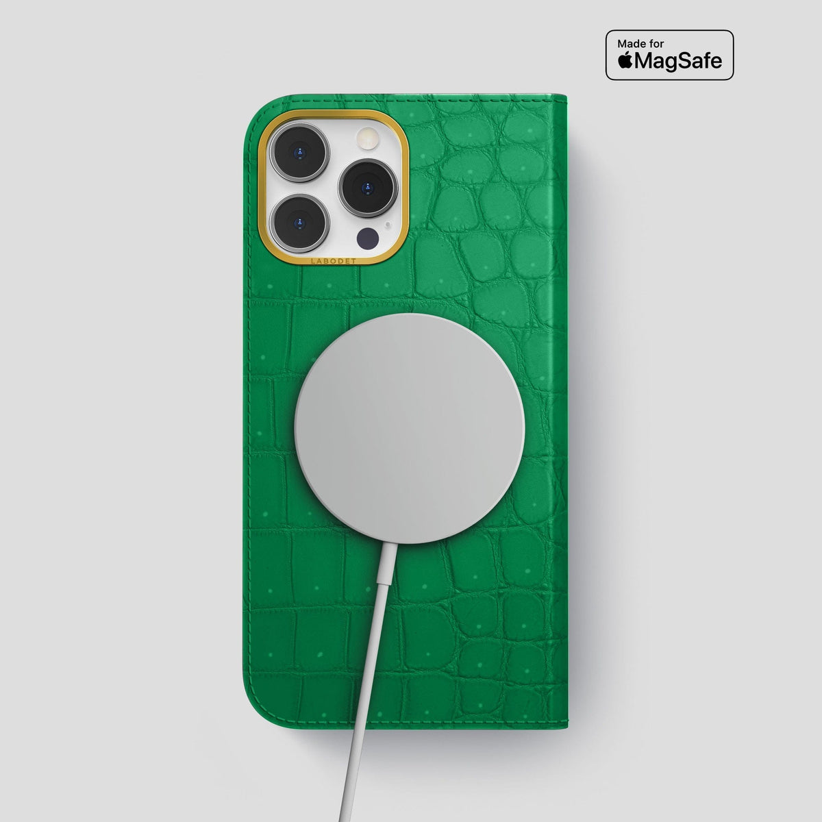 Cactus-Green iPhone 15 Pro Folio Magsafe Case Porosus Crocodile with Gold Metal -3 | Cactus-Green-Gold