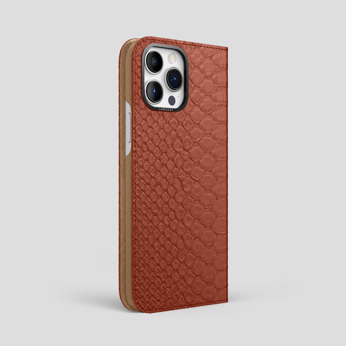 Medium-Brown iPhone 15 Pro Max Folio Case Python with Black Metal -1 | Medium-Brown-Black