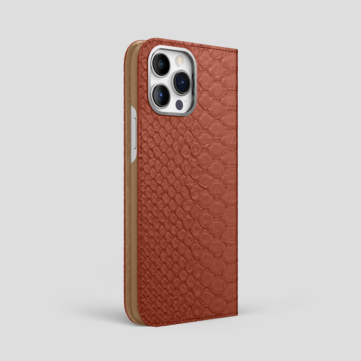 Medium-Brown iPhone 15 Pro Max Folio Case Python with Steel Metal -1 | Medium-Brown-Steel