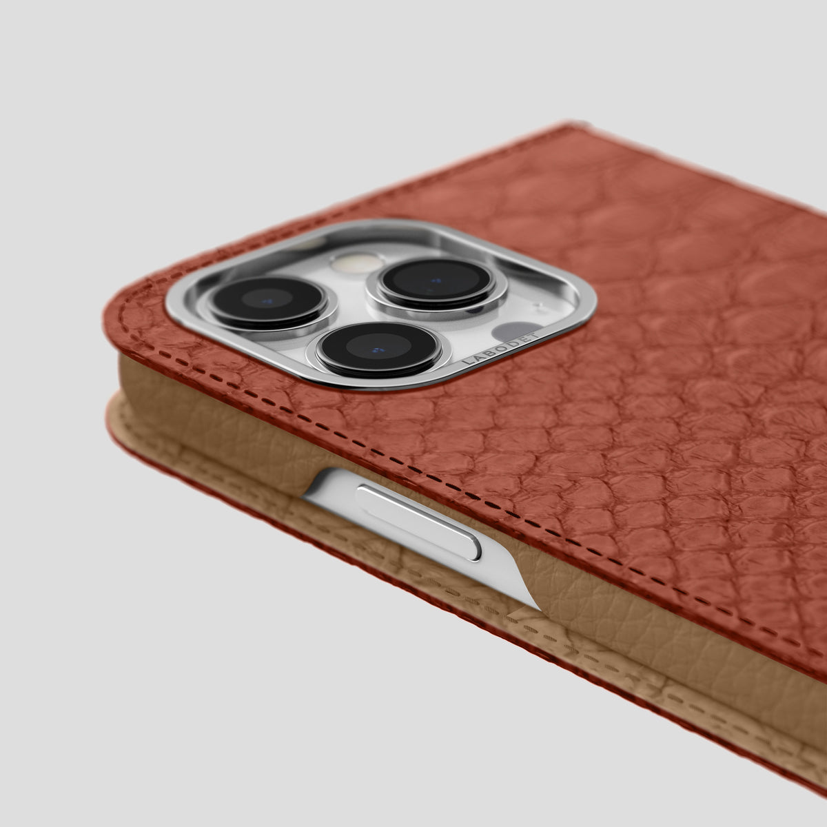 Medium-Brown iPhone 15 Pro Max Folio Case Python with Steel Metal -5 | Medium-Brown-Steel