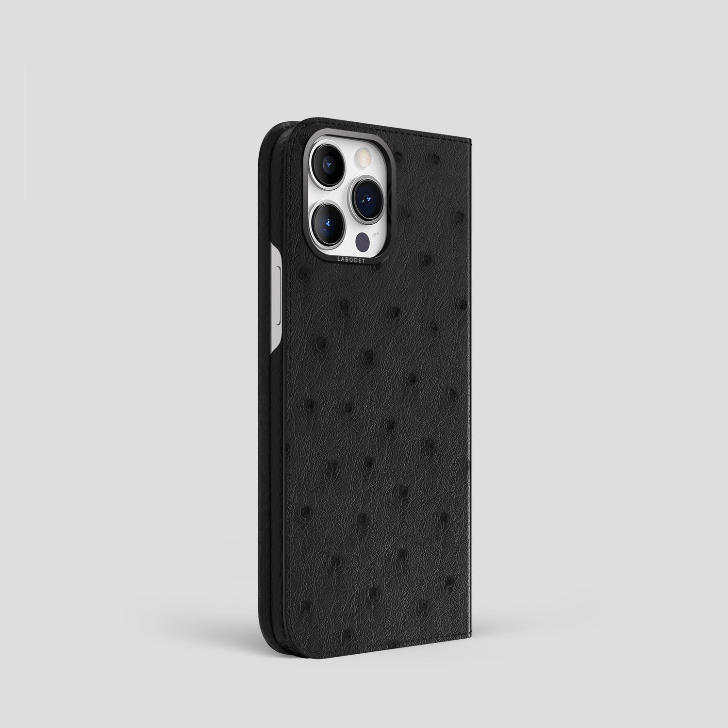 Black iPhone 14 Pro Folio Case Ostrich with Black Metal -1 | Black-Black
