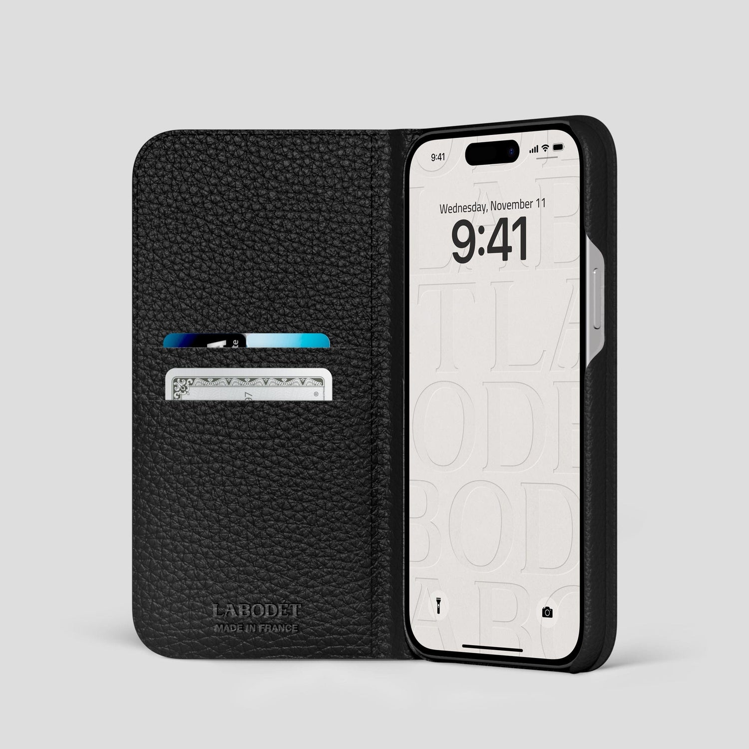 Black iPhone 14 Pro Folio Case Ostrich with Black Metal -2 | Black-Black