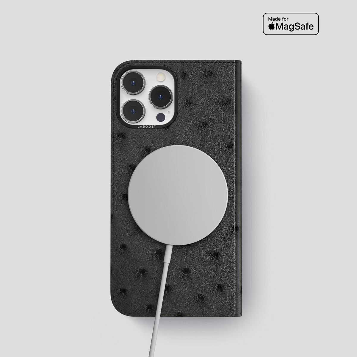 Black iPhone 15 Pro Folio Case Ostrich with Black Metal -3 | Black-Black