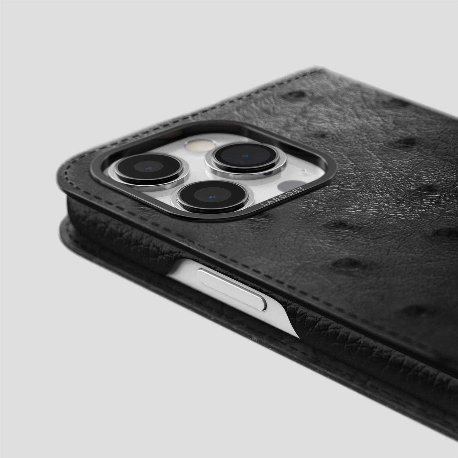Black iPhone 14 Pro Folio Case Ostrich with Black Metal -5 | Black-Black