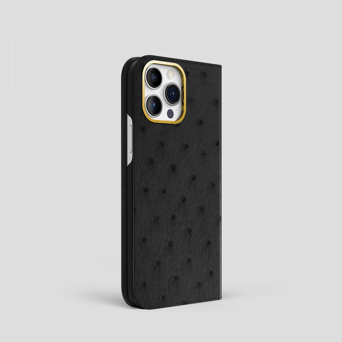 Black iPhone 14 Pro Folio Case Ostrich with Gold Metal -1 | Black-Gold