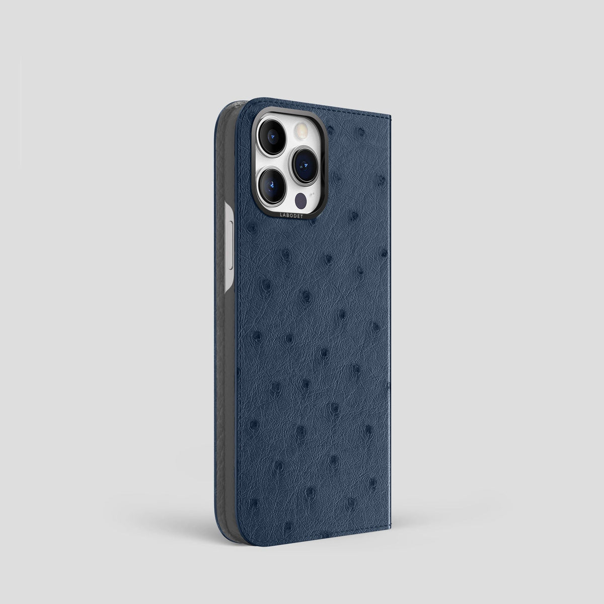 Navy-Blue iPhone 15 Pro Folio Case Ostrich with Black Metal -1 | Navy-Blue-Black