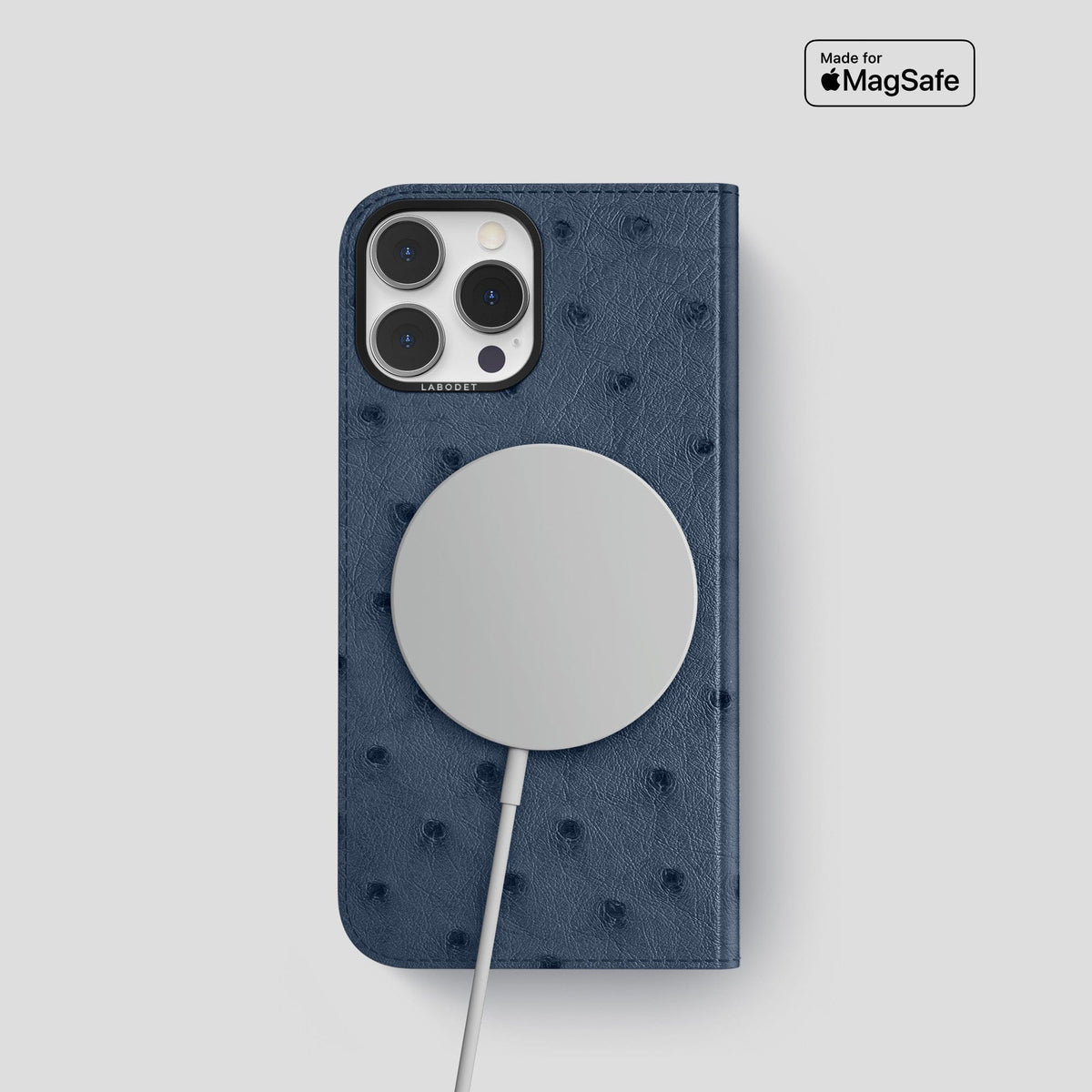 Navy-Blue iPhone 15 Pro Folio Case Ostrich with Black Metal -3 | Navy-Blue-Black