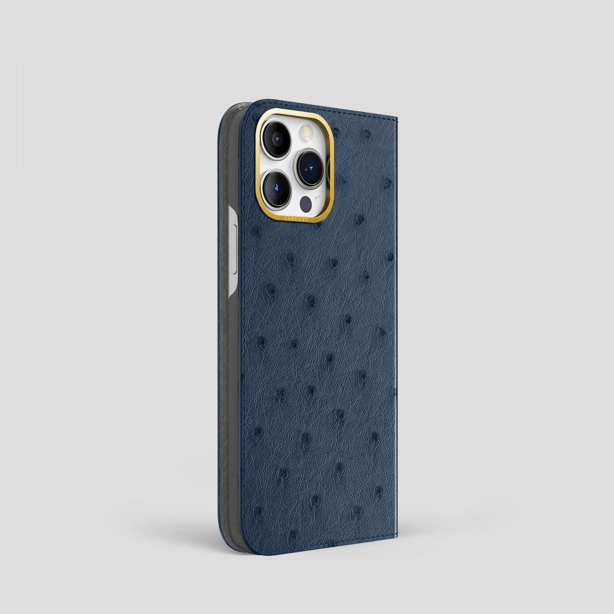 Navy-Blue iPhone 15 Pro Folio Case Ostrich with Gold Metal -1 | Navy-Blue-Gold