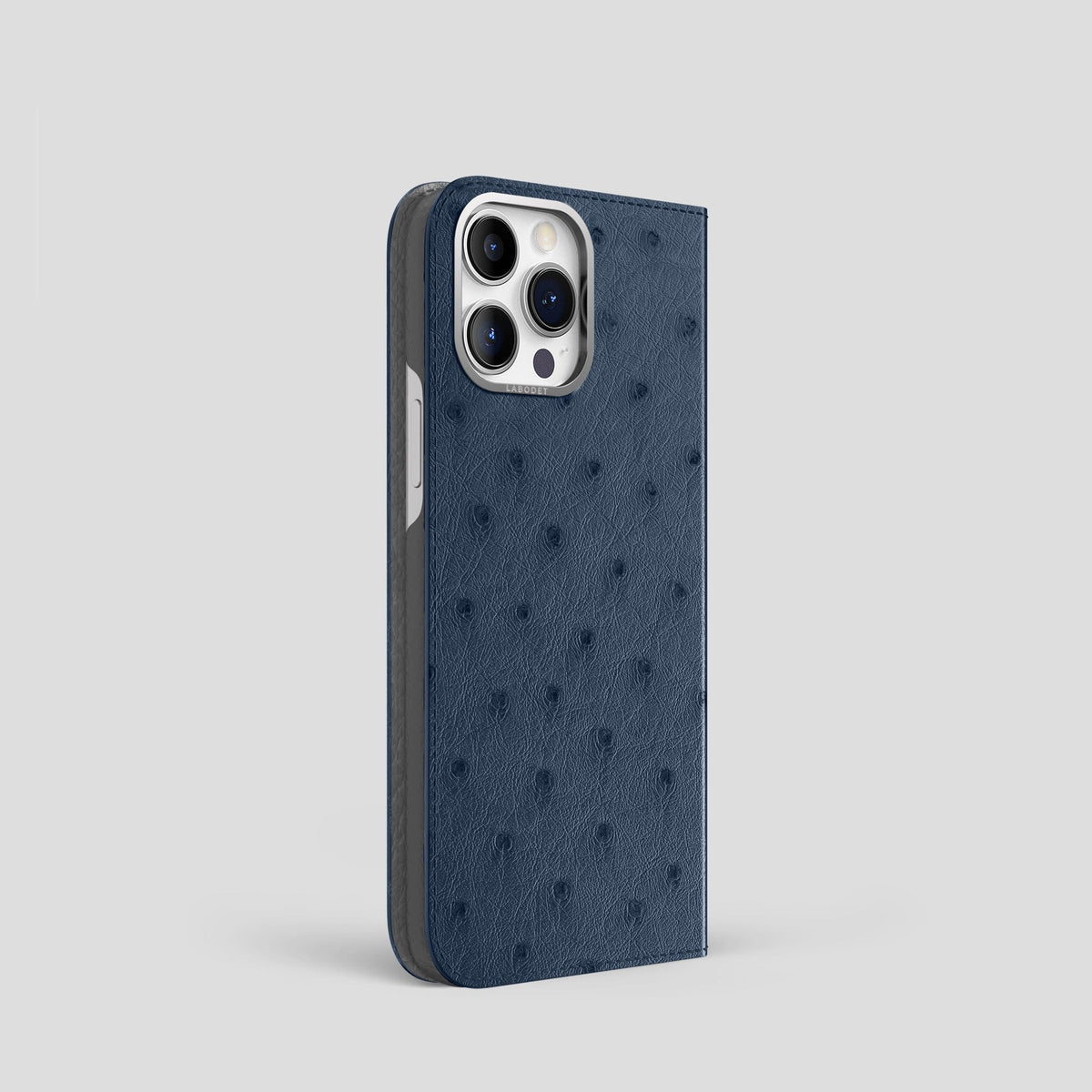 Navy-Blue iPhone 15 Pro Folio Case Ostrich with Steel Metal -1 | Navy-Blue-Steel