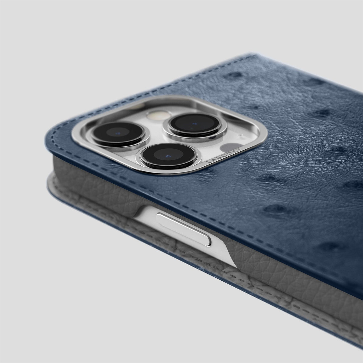 Navy-Blue iPhone 14 Pro Folio Case Ostrich with Steel Metal -5 | Navy-Blue-Steel