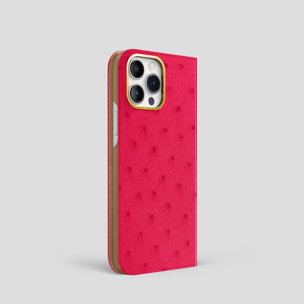 Bordeaux iPhone 15 Pro Folio Case Ostrich with Gold Metal -1 | Bordeaux-Gold