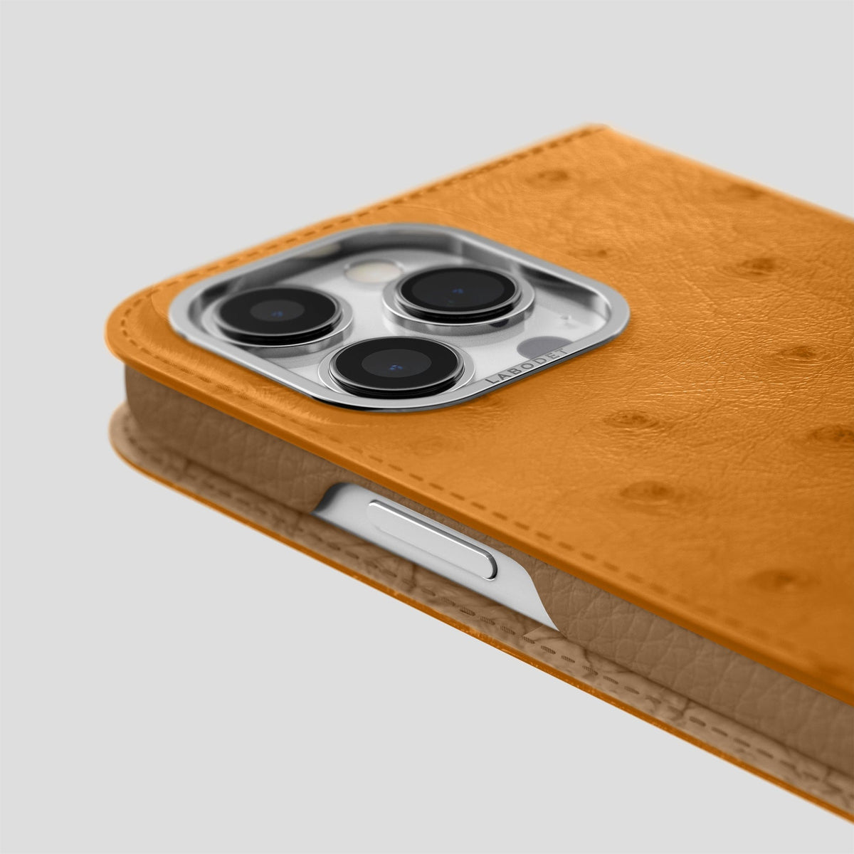 Chestnut iPhone 14 Pro Folio Case Ostrich with Steel Metal -5 | Chestnut-Steel