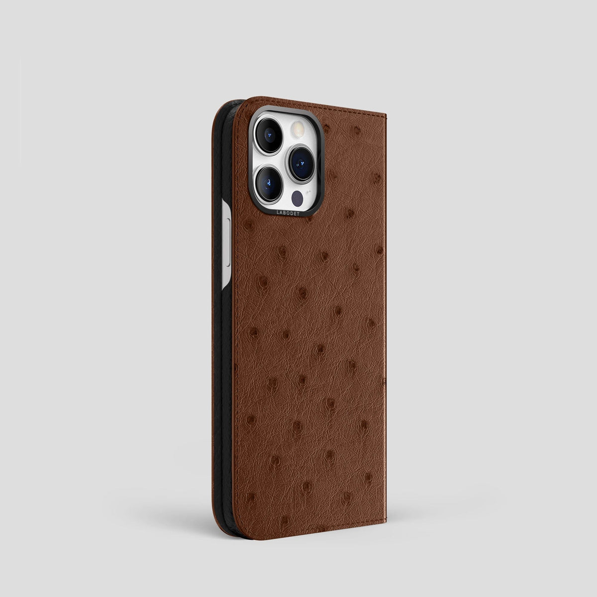 Chocolate iPhone 15 Pro Folio Case Ostrich with Black Metal -1 | Chocolate-Black