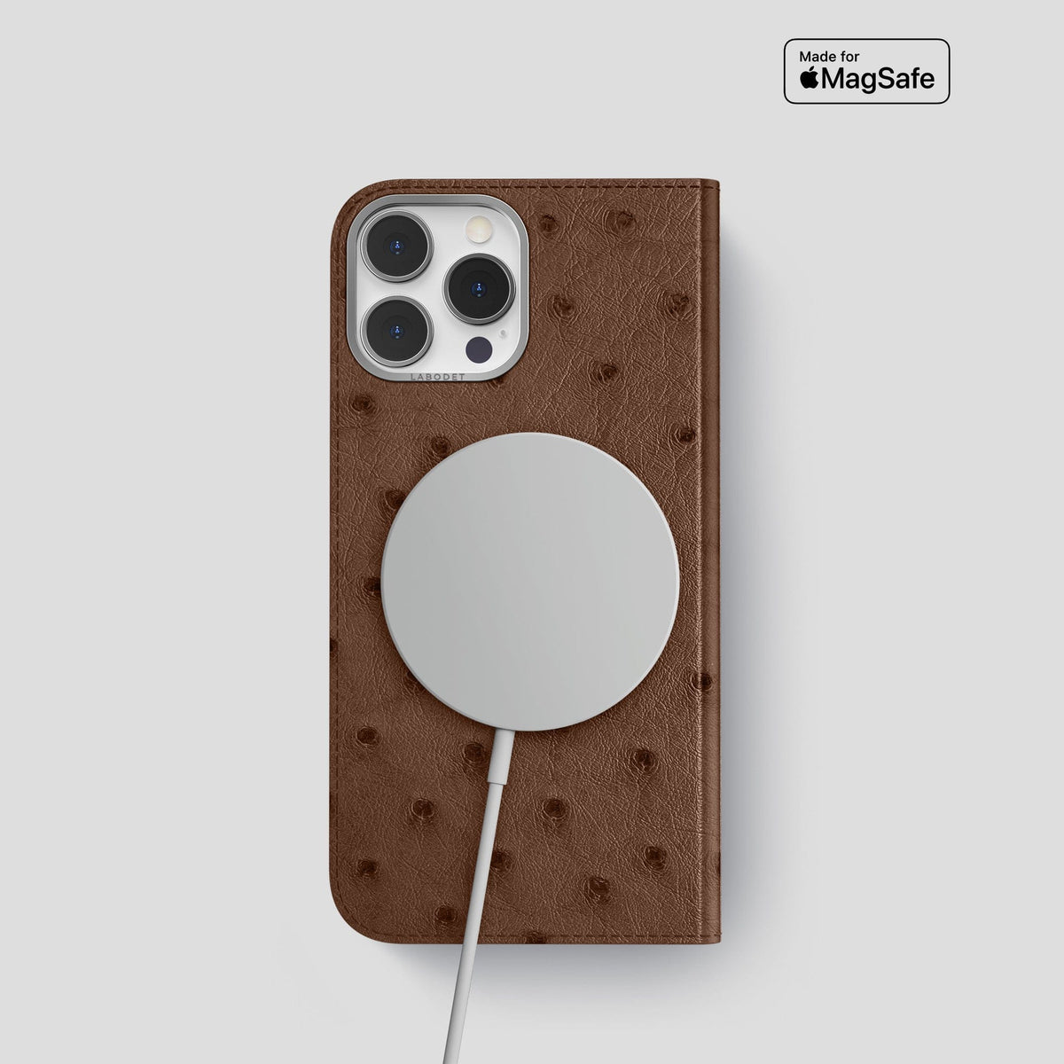 Chocolate iPhone 15 Pro Folio Case Ostrich with Steel Metal -3 | Chocolate-Steel
