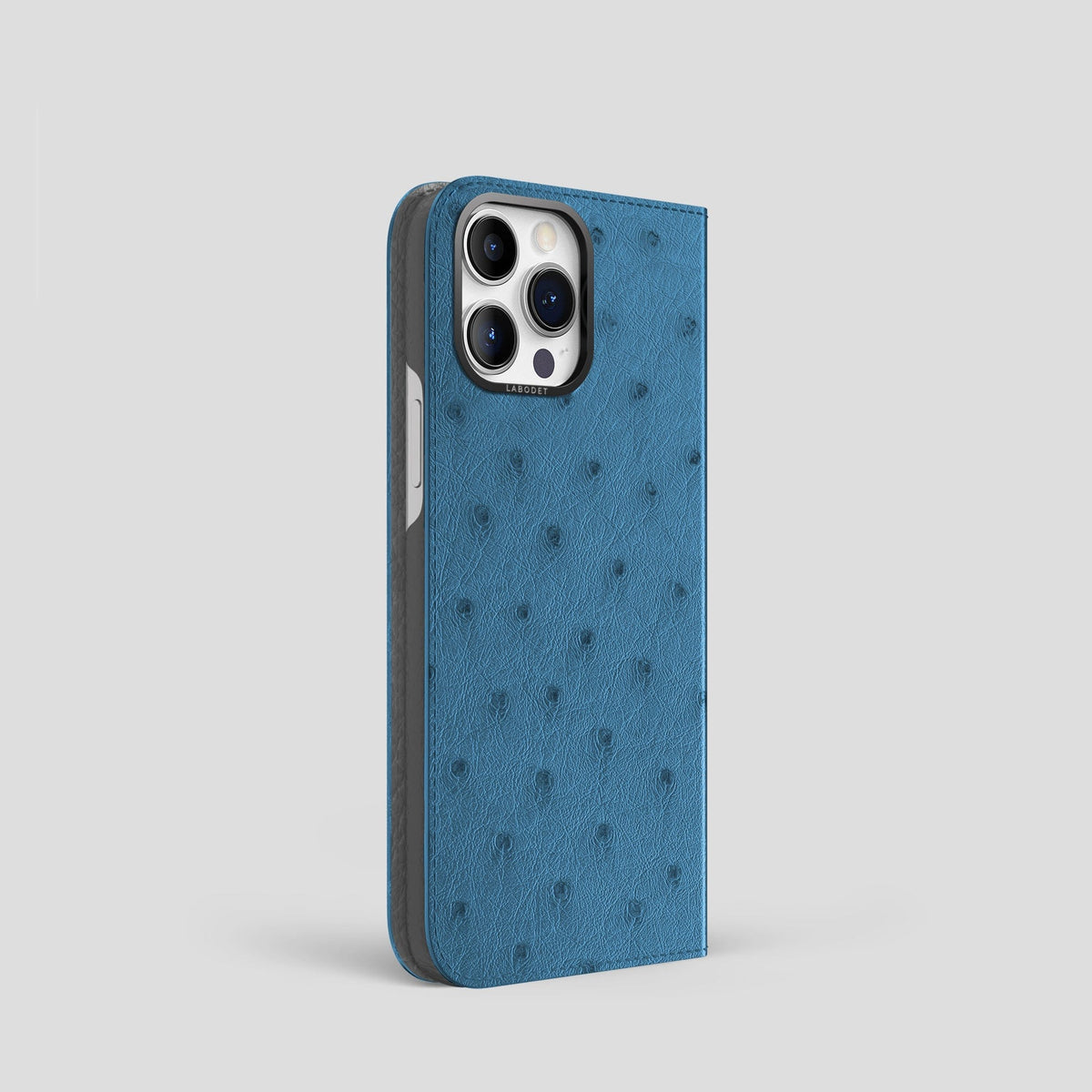 Blue-Jeans iPhone 15 Pro Folio Case Ostrich with Black Metal -1 | Blue-Jeans-Black