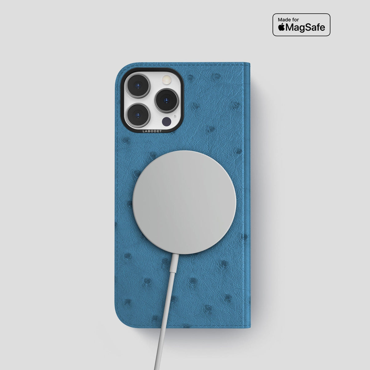 Blue-Jeans iPhone 15 Pro Folio Case Ostrich with Black Metal -3 | Blue-Jeans-Black