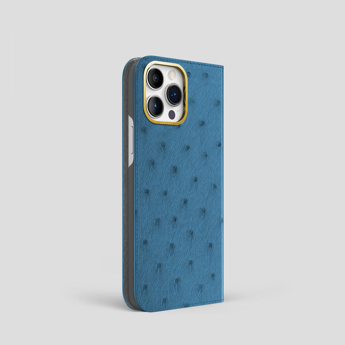 Blue-Jeans iPhone 15 Pro Folio Case Ostrich with Gold Metal -1 | Blue-Jeans-Gold