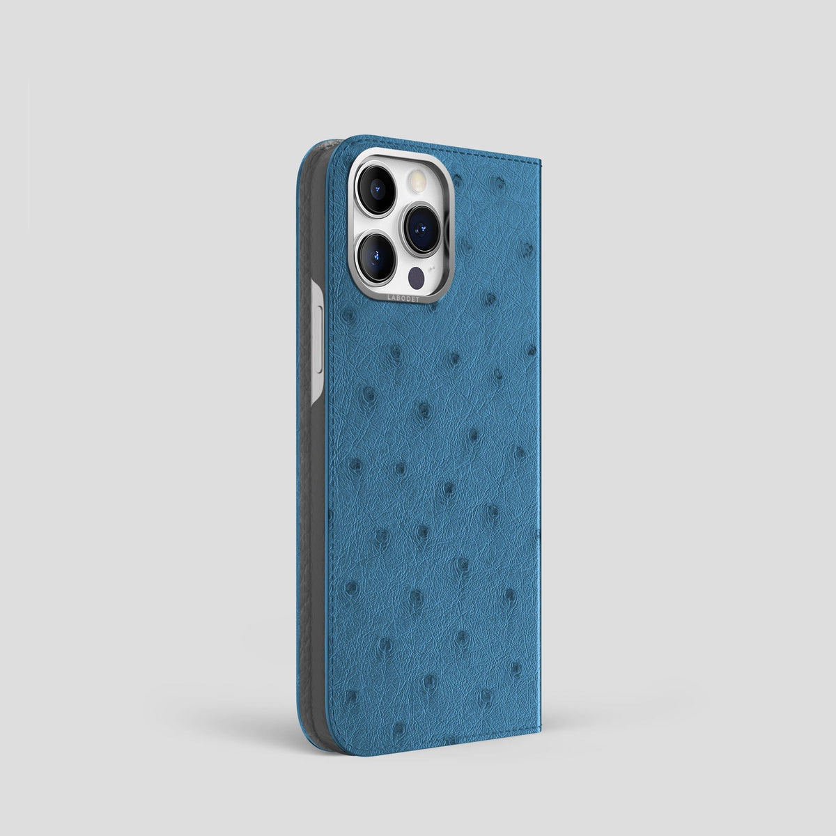 Blue-Jeans iPhone 15 Pro Folio Case Ostrich with Steel Metal -1 | Blue-Jeans-Steel