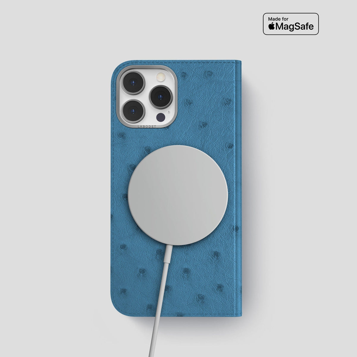 Blue-Jeans iPhone 15 Pro Folio Case Ostrich with Steel Metal -3 | Blue-Jeans-Steel