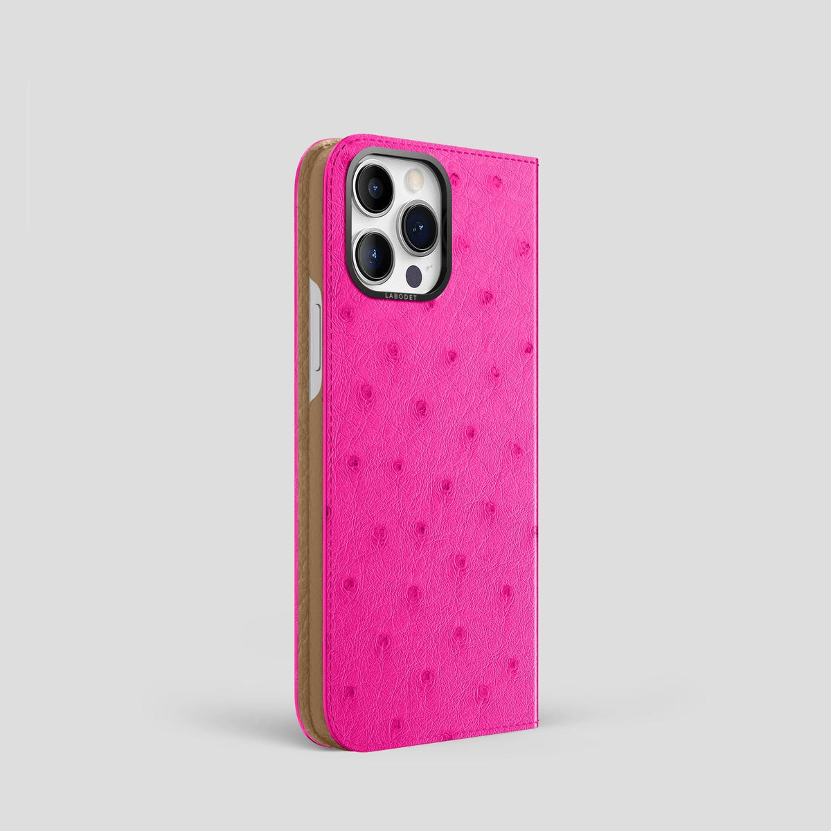 Fuchsia iPhone 14 Pro Folio Case Ostrich with Black Metal -1 | Fuchsia-Black