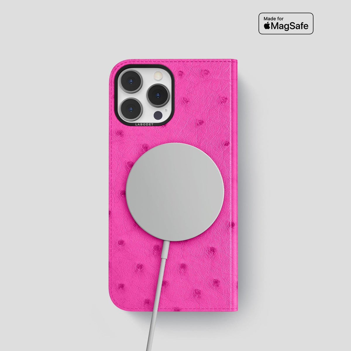 Fuchsia iPhone 15 Pro Folio Case Ostrich with Black Metal -3 | Fuchsia-Black