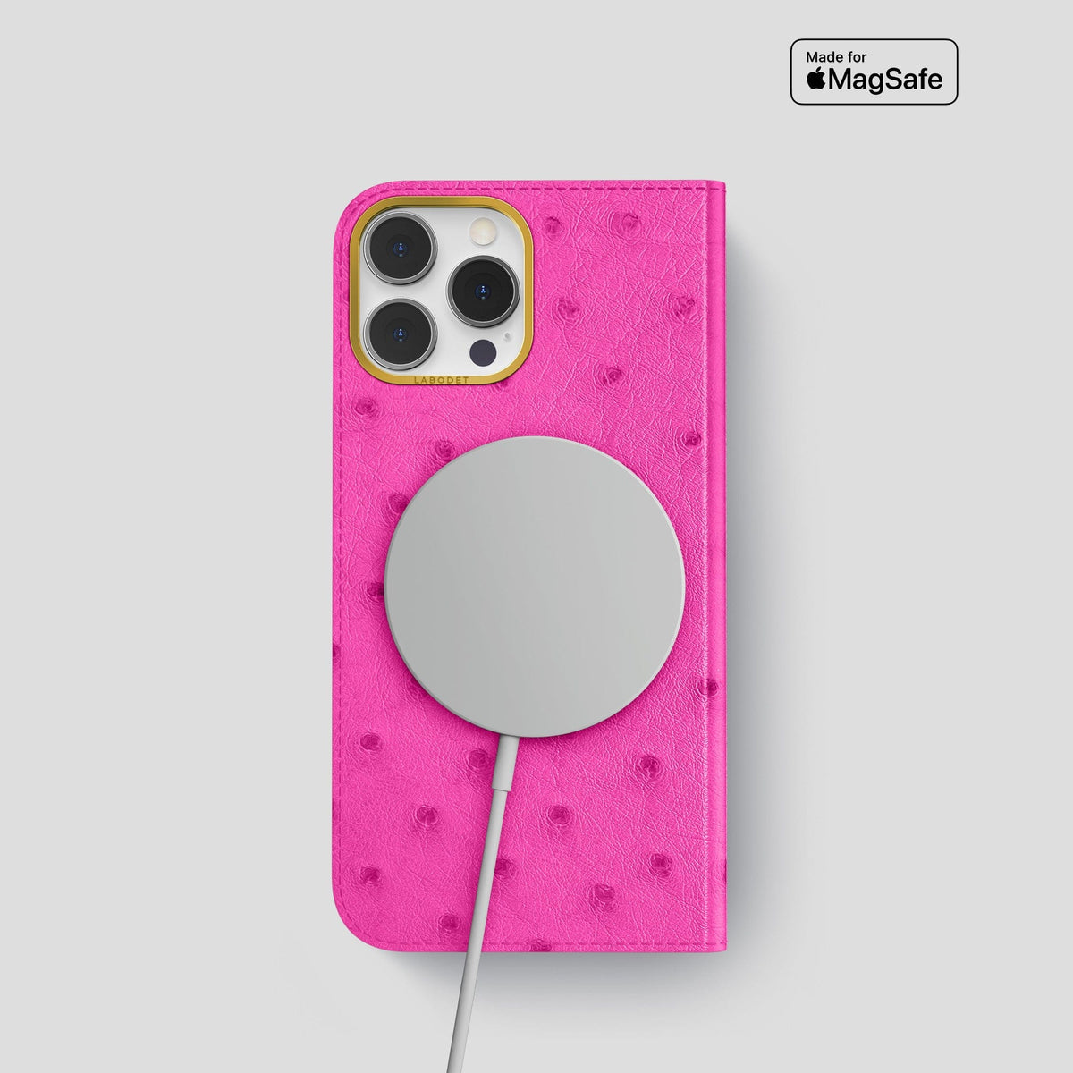 Fuchsia iPhone 15 Pro Folio Case Ostrich with Gold Metal -3 | Fuchsia-Gold