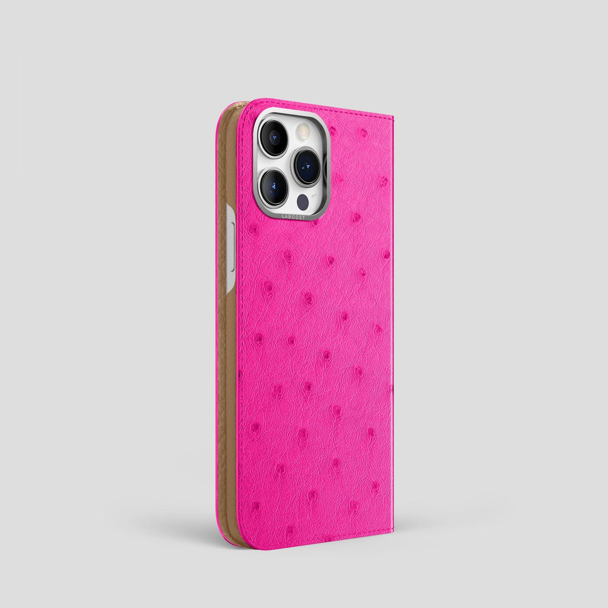Fuchsia iPhone 14 Pro Folio Case Ostrich with Steel Metal -1 | Fuchsia-Steel