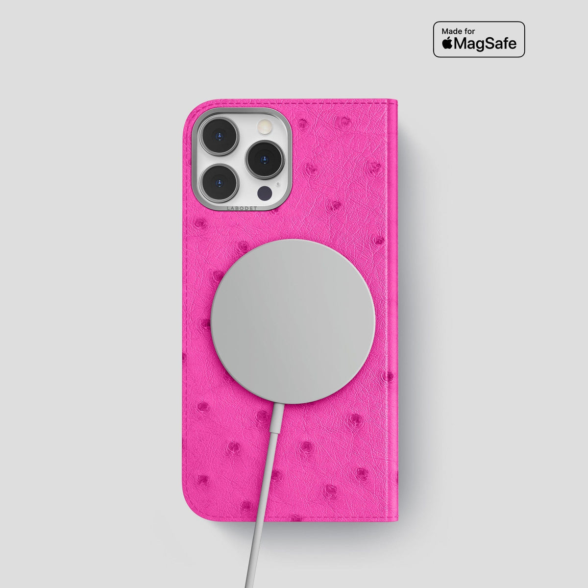 Fuchsia iPhone 15 Pro Folio Case Ostrich with Steel Metal -3 | Fuchsia-Steel