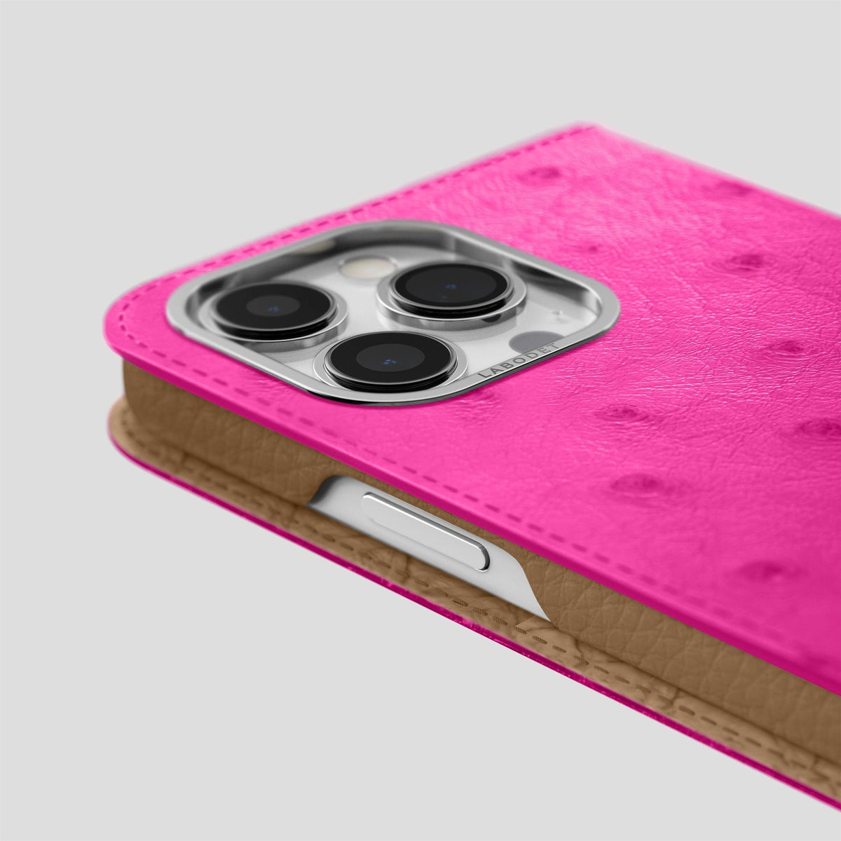 Fuchsia iPhone 15 Pro Folio Case Ostrich with Steel Metal -5 | Fuchsia-Steel