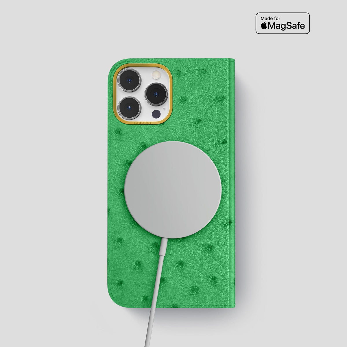 Kentucky Green iPhone 15 Pro Folio Case Ostrich with Gold Metal -3 | Kentucky-Green-Gold