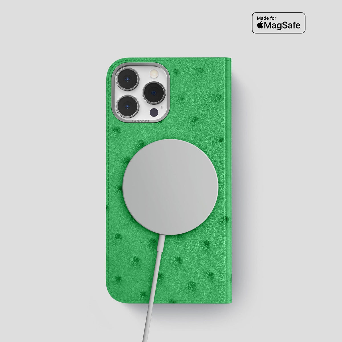Kentucky Green iPhone 15 Pro Folio Case Ostrich with Steel Metal -3 | Kentucky-Green-Steel
