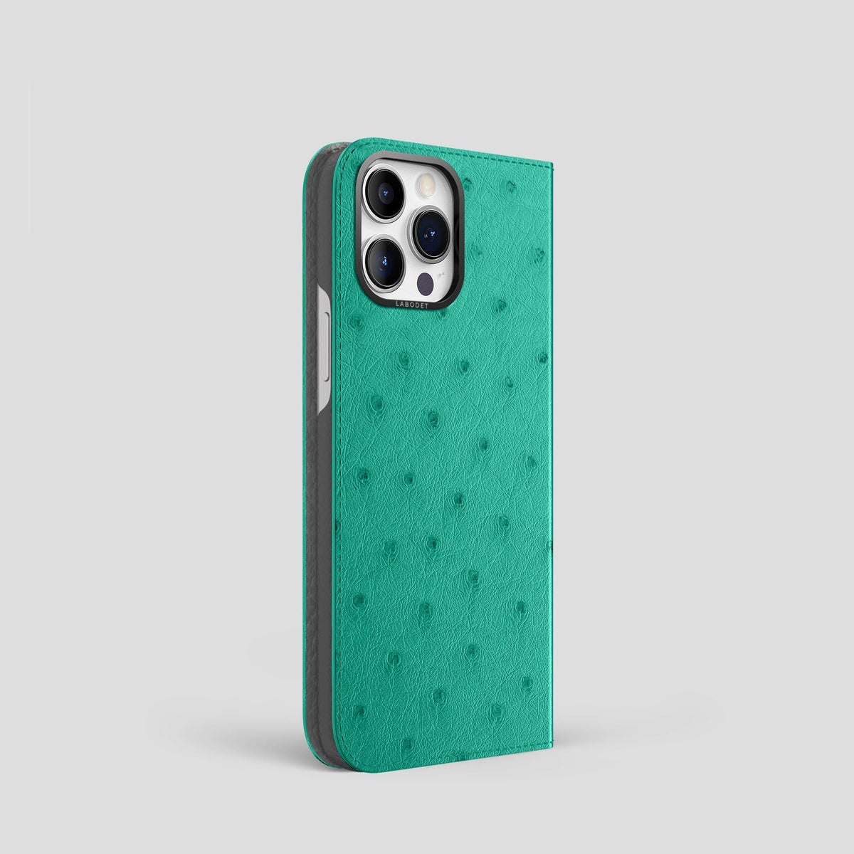 Turquoise iPhone 14 Pro Folio Case Ostrich with Black Metal -1 | Turquoise-Black