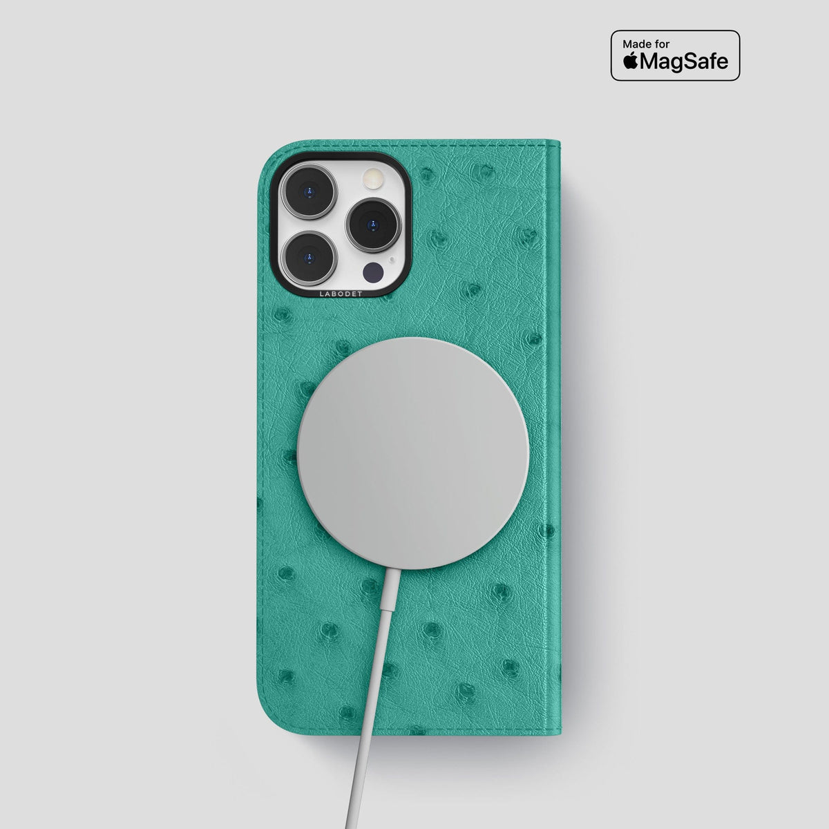 Turquoise iPhone 15 Pro Folio Case Ostrich with Black Metal -3 | Turquoise-Black