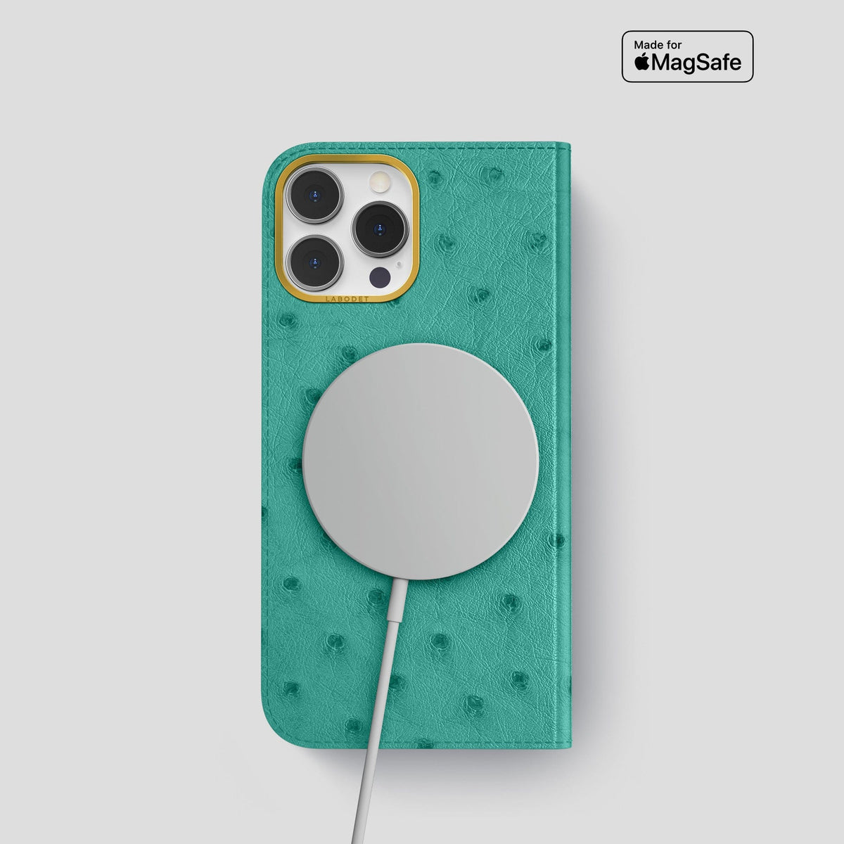 Turquoise iPhone 14 Pro Folio Case Ostrich with Gold Metal -3 | Turquoise-Gold