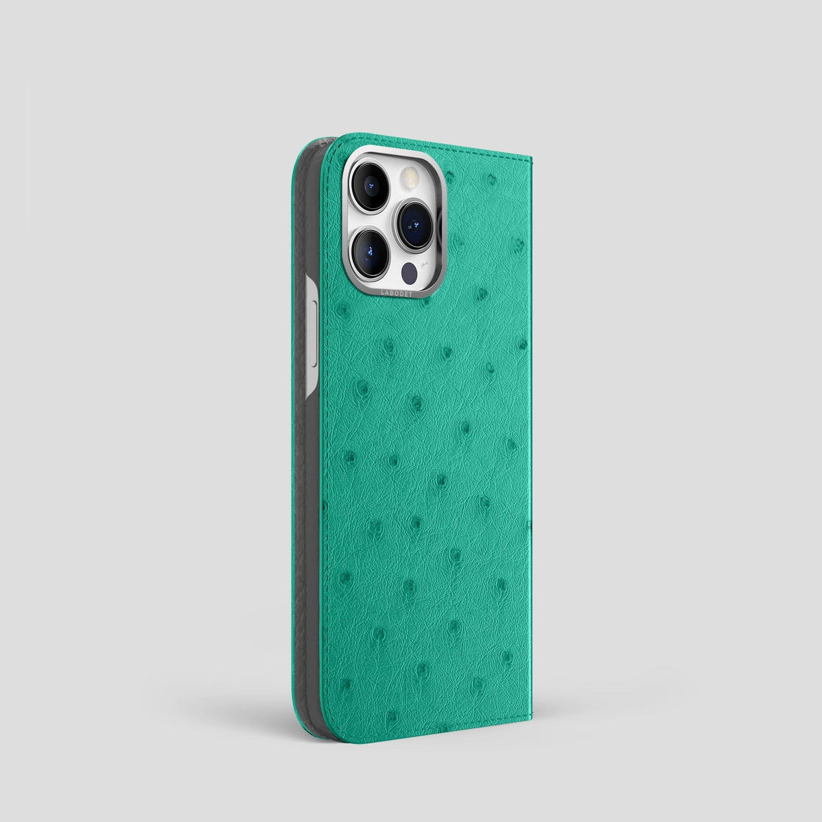 Turquoise iPhone 15 Pro Folio Case Ostrich with Steel Metal -1 | Turquoise-Steel
