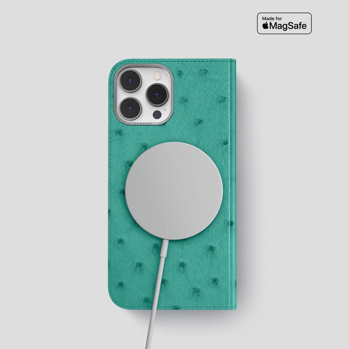 Turquoise iPhone 15 Pro Folio Case Ostrich with Steel Metal -3 | Turquoise-Steel