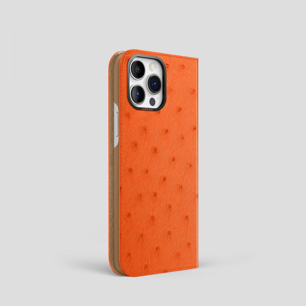 Orange iPhone 15 Pro Folio Case Ostrich with Black Metal -1 | Orange-Black