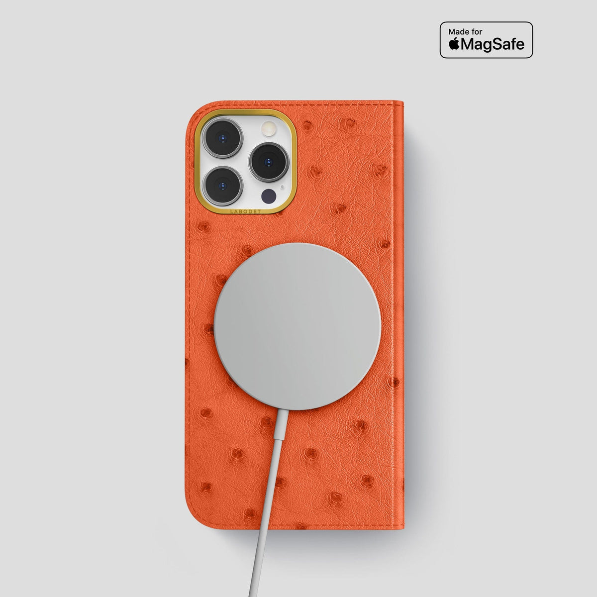 Orange iPhone 15 Pro Folio Case Ostrich with Gold Metal -3 | Orange-Gold