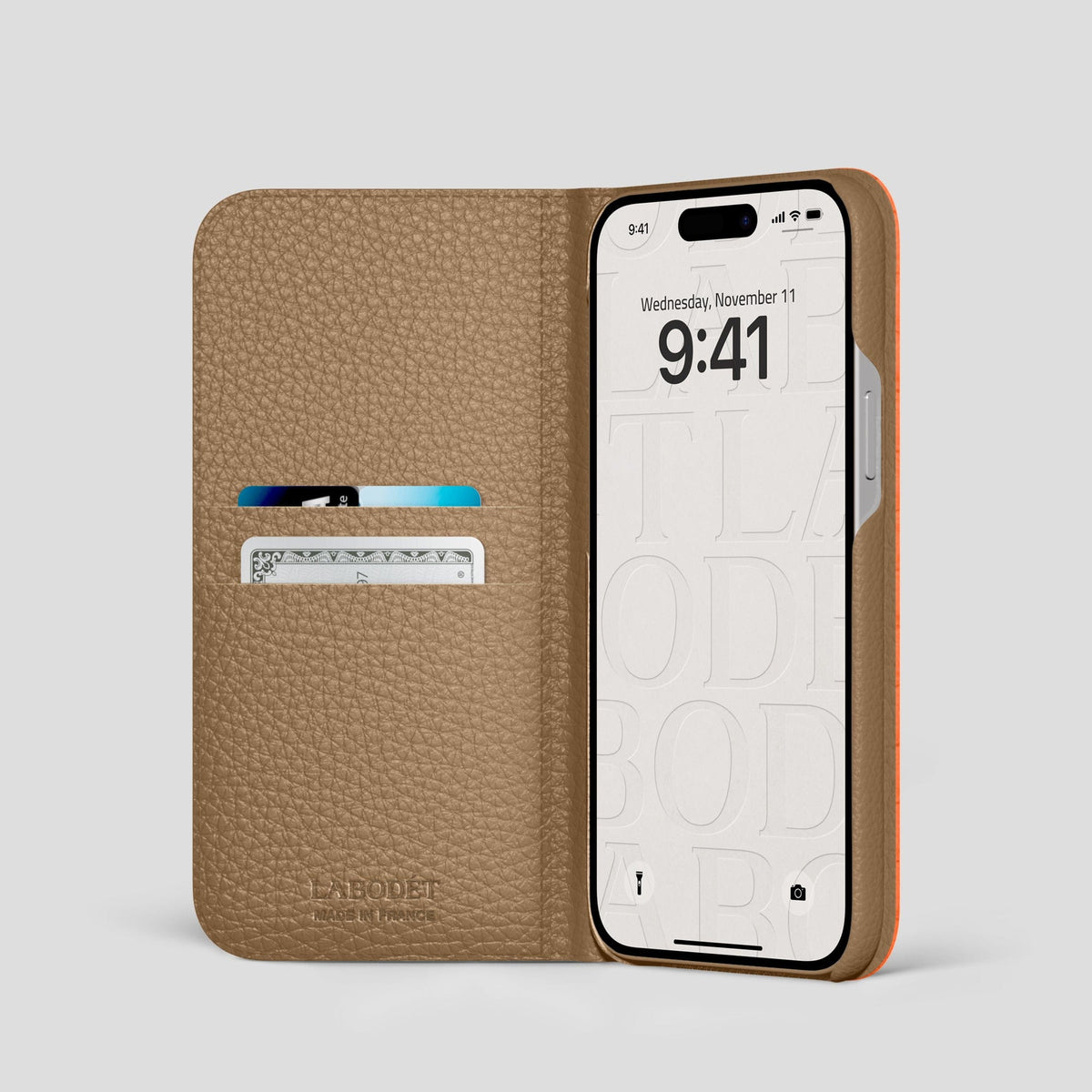 Orange iPhone 15 Pro Folio Case Ostrich with Steel Metal -2 | Orange-Steel