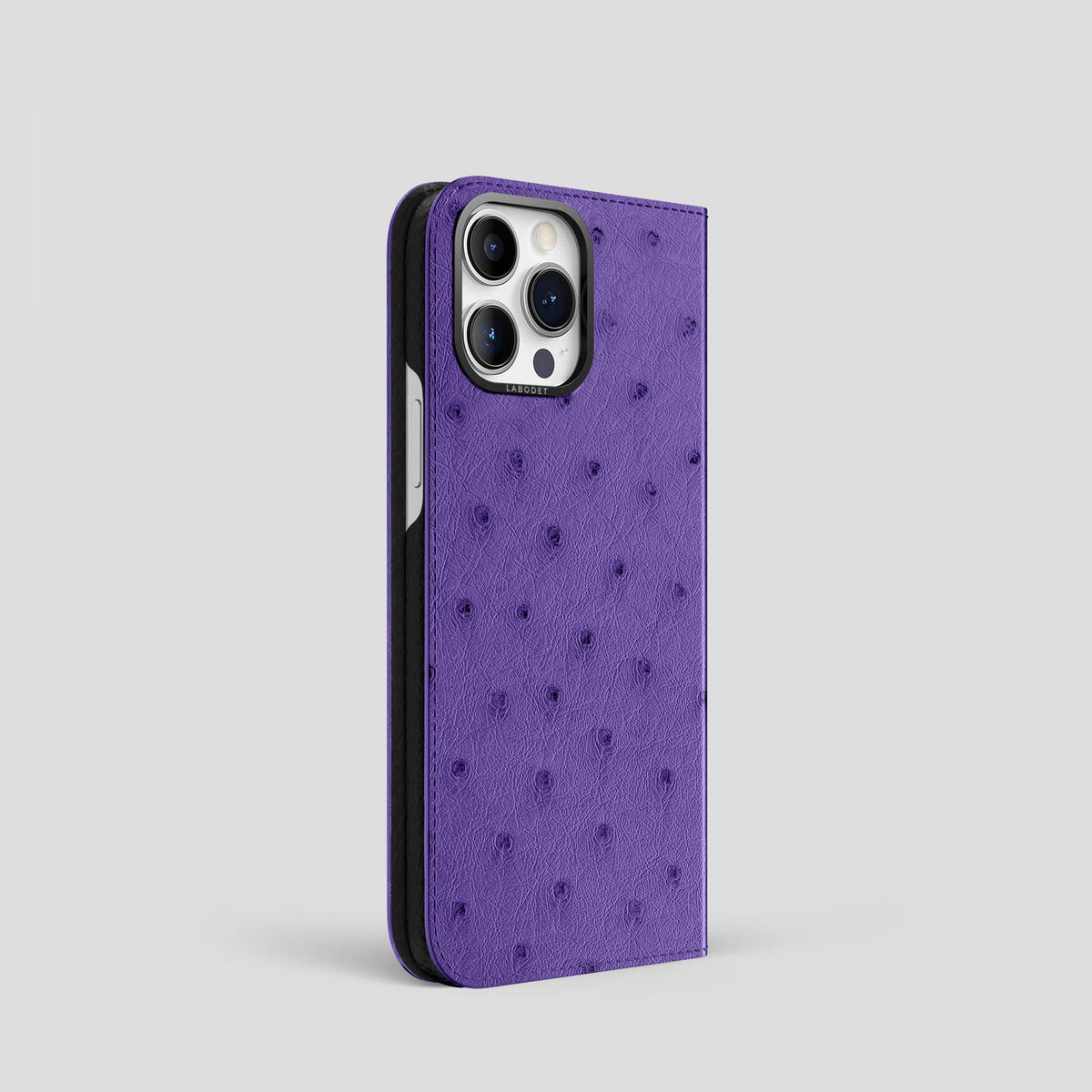 Purple iPhone 15 Pro Folio Case Ostrich with Black Metal -1 | Purple-Black