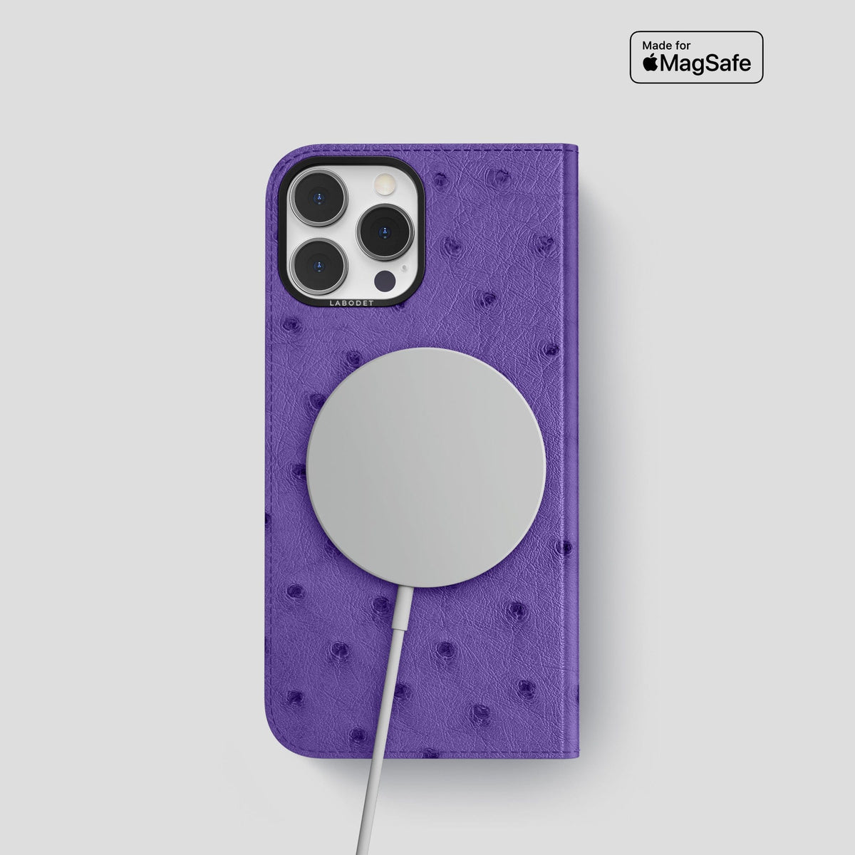 Purple iPhone 15 Pro Folio Case Ostrich with Black Metal -3 | Purple-Black