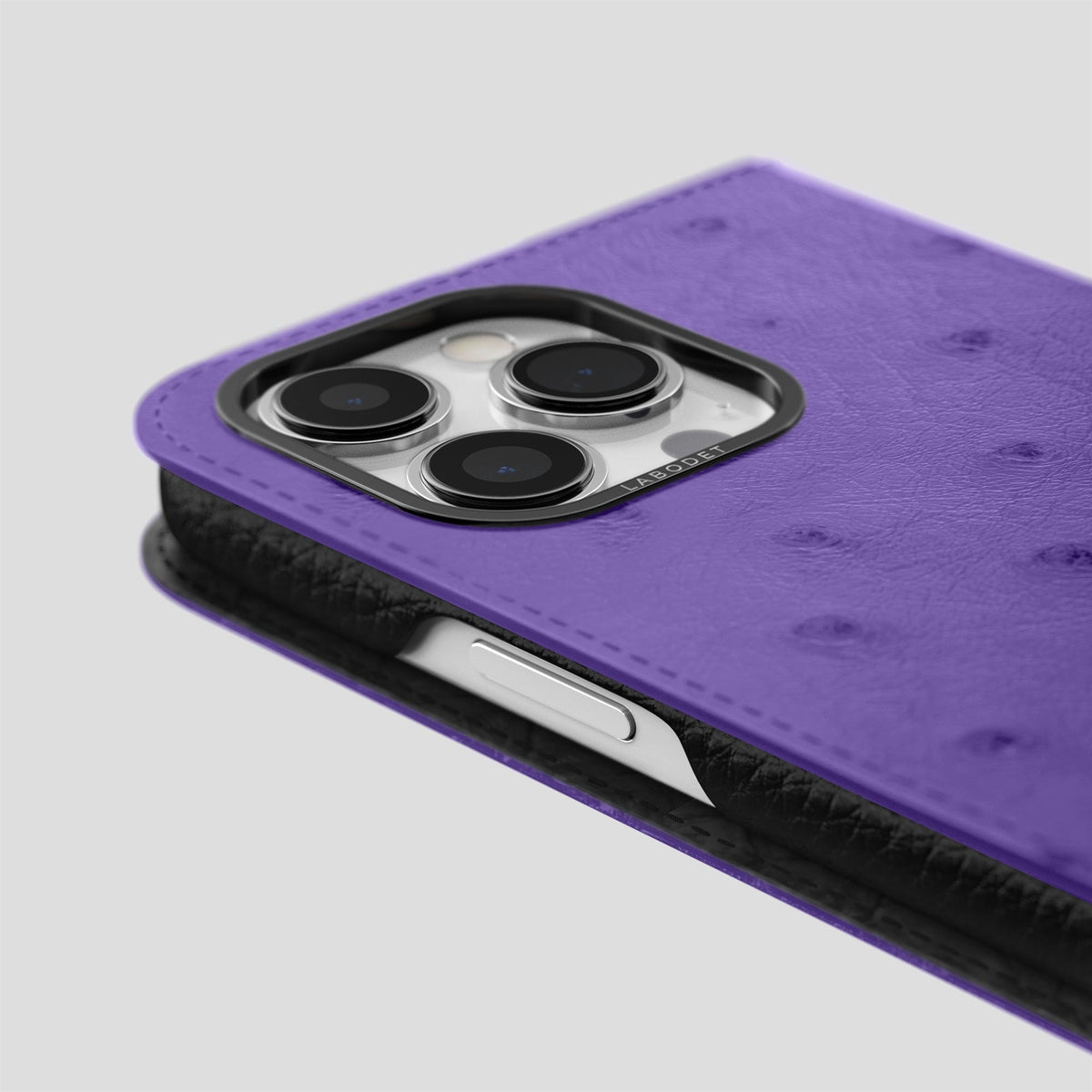 Purple iPhone 15 Pro Folio Case Ostrich with Black Metal -5 | Purple-Black