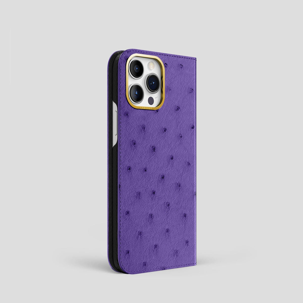 Purple iPhone 15 Pro Folio Case Ostrich with Gold Metal -1 | Purple-Gold